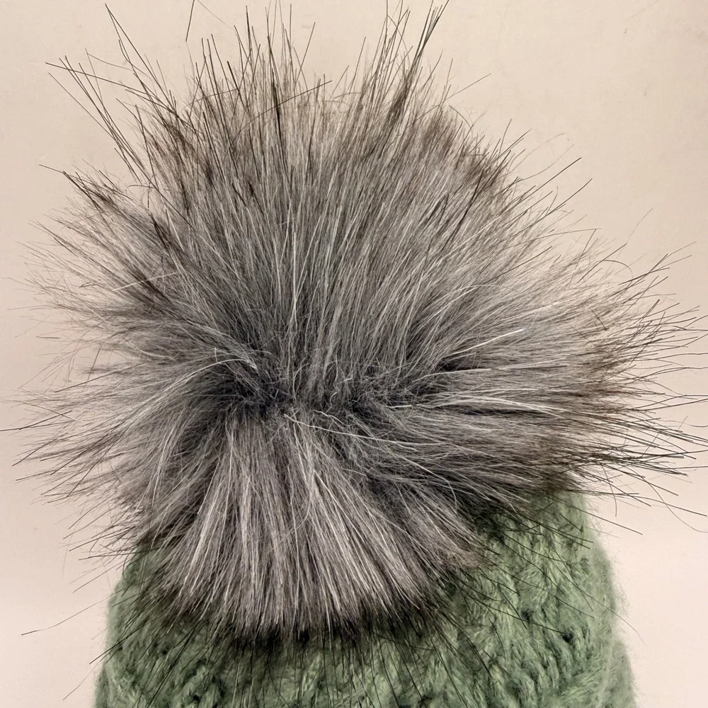 The North Face Kids Triple Cable Beanie Laurel Wreath Green Faux Fur Pom Pom‎